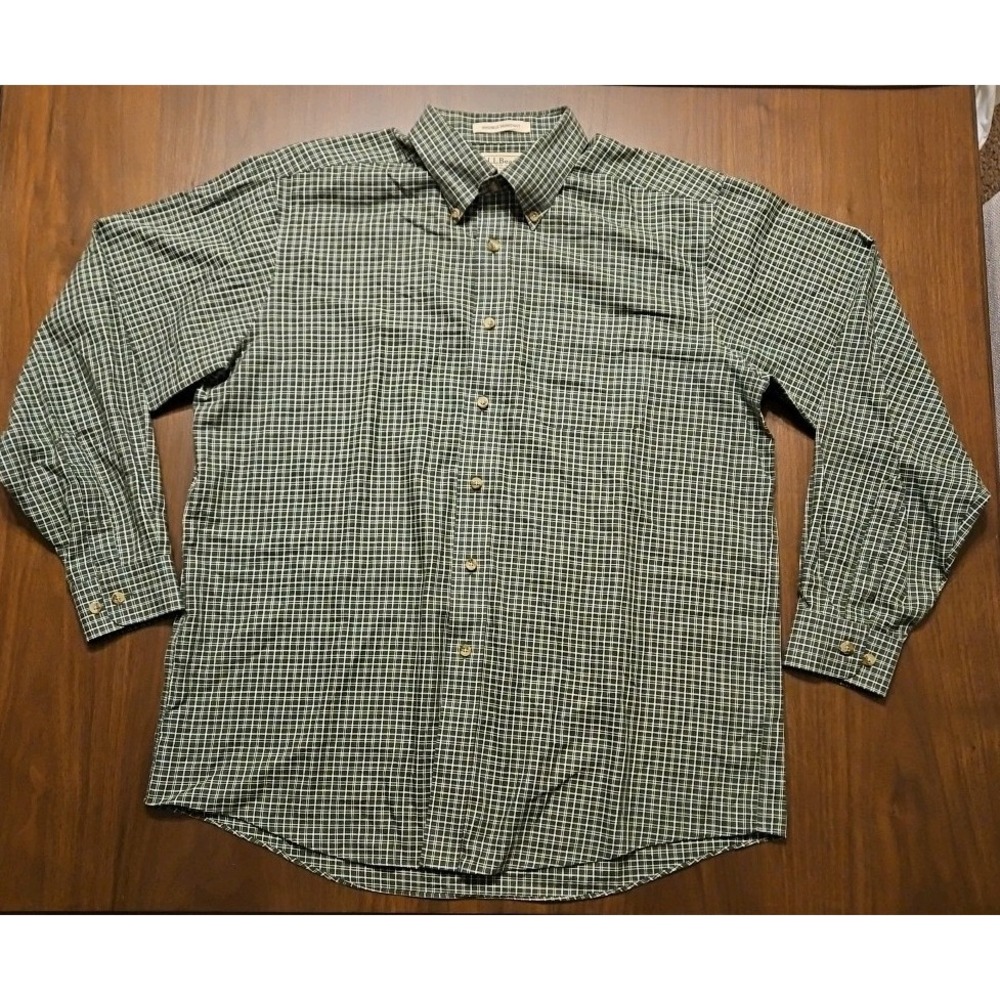 LL Bean Long Sleeve Shirt Mens L-Reg Green Checkered Wrinkle Resistant Butt. Dwn